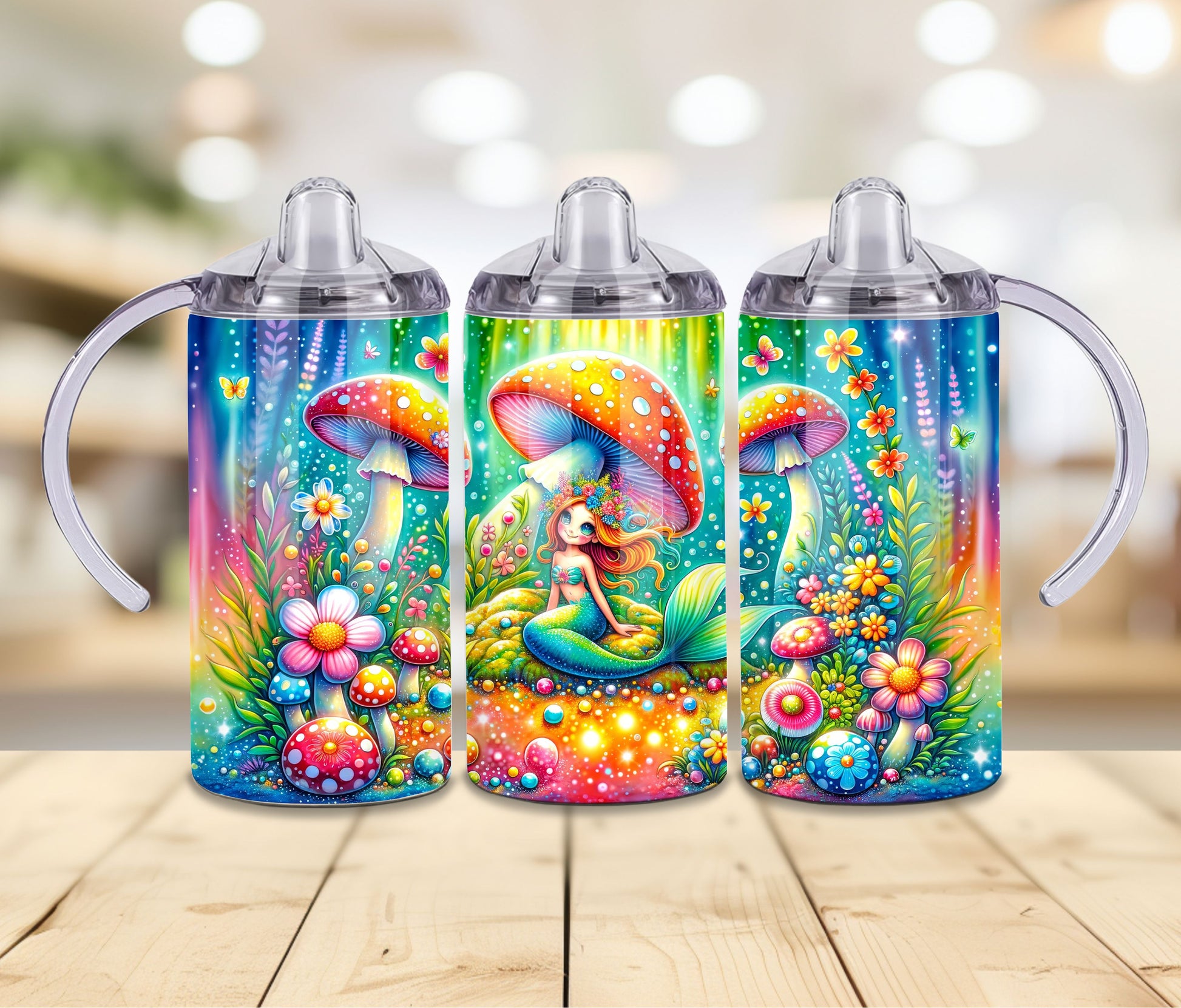 Spill-proof lid on mermaid sippy cup with 355ml capacity