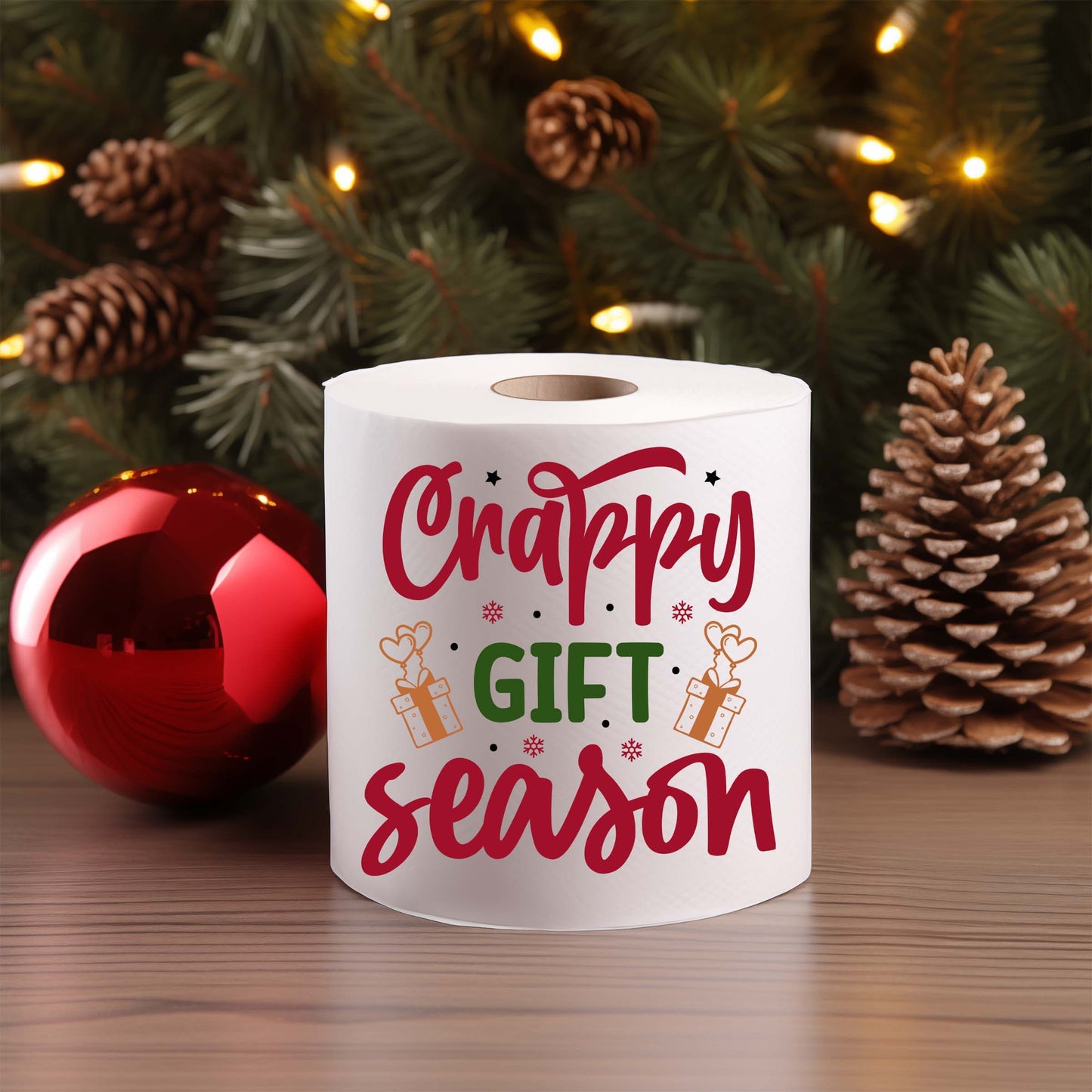 Roll of toilet paper labeled as a 'crappy gift' with humorous packaging