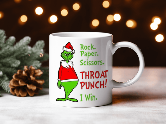 "Rock, Paper, Scissors, Throat Punch" Mug