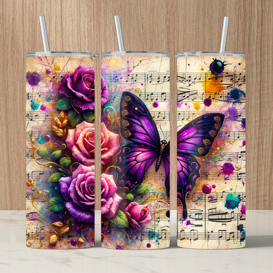 590ml custom-made tumbler featuring a vintage butterfly design with overlaying music note sheets, blending elegance and nostalgia