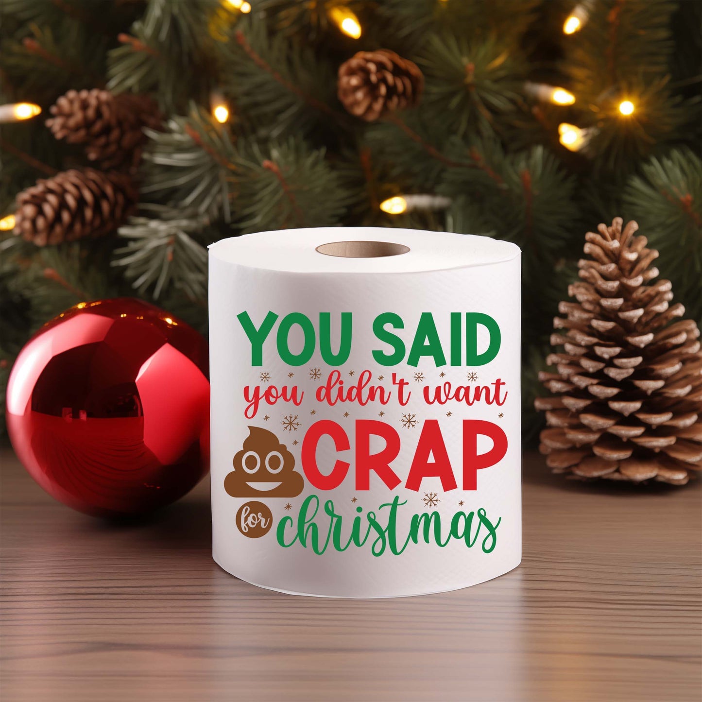 Roll of toilet paper labeled as a 'crappy gift' with humorous packaging